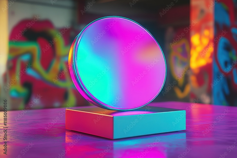 Poster a reflective, circular object sits on a vibrant platform, illuminated by colorful neon lights in an 