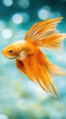 Fototapeta premium A vibrant orange goldfish gracefully swimming in a shimmering aquatic environment.