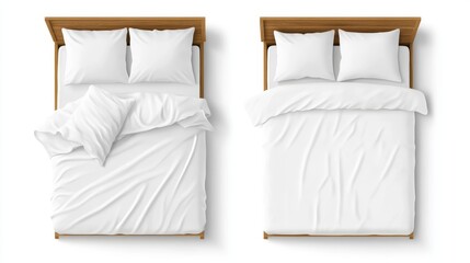 Single and double beds with white sheet, pillows and duvet top view. Vector realistic mockup of blank linen on wood beds, 3d furniture for sleep isolated on white background