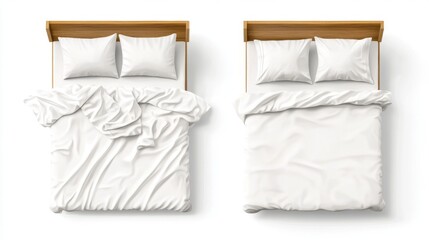 Single and double beds with white sheet, pillows and duvet top view. Vector realistic mockup of blank linen on wood beds, 3d furniture for sleep isolated on white background