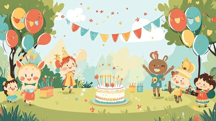 Joyful children and animals celebrate a birthday party outdoors with cake, balloons, and confetti in a vibrant, cartoon illustration.
