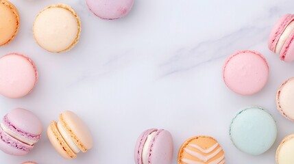 Obraz premium Pastel macarons in pink, purple, yellow, and blue tones on marble background, flat lay dessert arrangement, minimalistic French pastry design, colorful gourmet treats, copy space for text