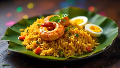 A colorful biryani served on a traditional banana leaf, featuring fragrant rice, shrimp, and herbs. The dish is adorned with boiled eggs and served with a side of pickled vegetables.