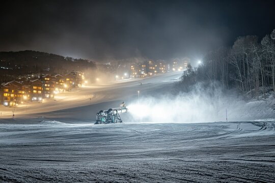 Nighttime snowmaking operations create perfect conditions under bright lights at a ski resort