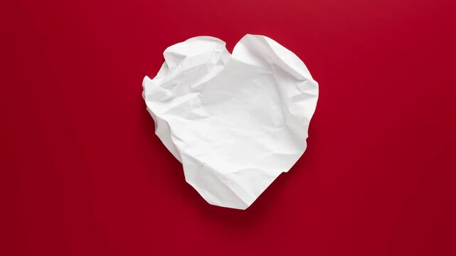 Stop motion animation of crumpled paper in the shape of a heart on a red background