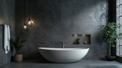 Modern bathroom: freestanding tub, dark walls, plants.