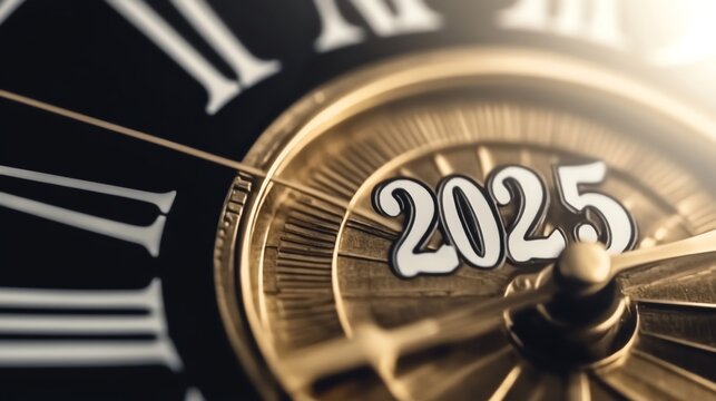 Close-up of a clock face showing the year 2025, highlighting time's passage.