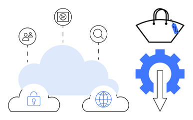 Cloud containing icons for users, security, global access, and media. Gear and shopping bag represent technology and online commerce. Ideal for digital services, online security, networking, cloud