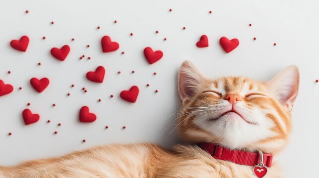 An orange tabby kitten lying peacefully on a white background, surrounded by red heart decorations. The kitten wears a red collar with a heart-shaped tag, embodying love and warmth