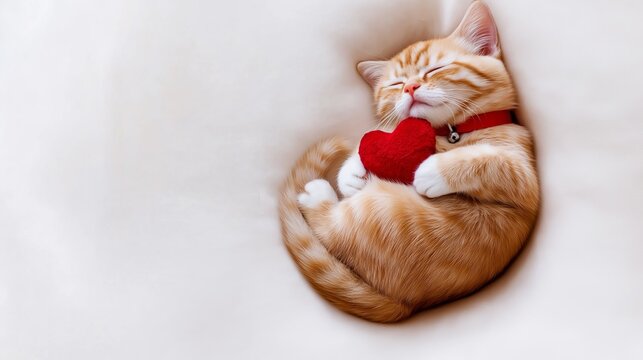 A ginger kitten curled up in a fluffy white blanket, cuddling a plush red heart. Its serene expression highlights a sense of comfort and love