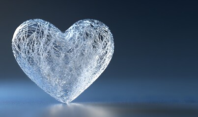 Crystal heart, fractured, delicate, transparent, blue background.