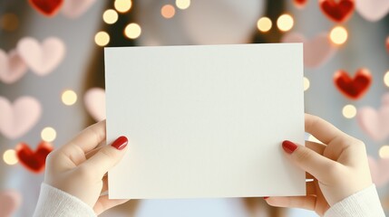 Obraz premium Hands holding a white blank card against a blurred background of floating hearts and glowing lights, emphasizing romance and creativity. Ideal for greeting card mockups or Valentine's promotions