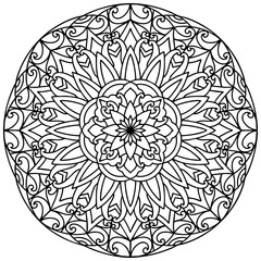 Coloring page 407, hand drawn, vector. Mandala 350, ethnic, swirl pattern, object isolated on white background.