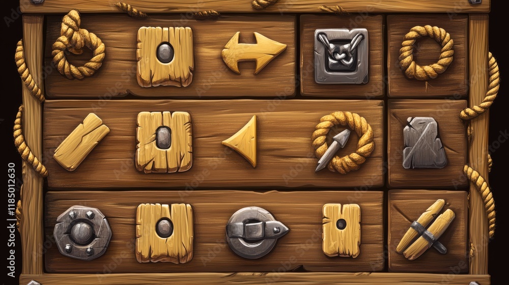Poster wooden game buttons, menu interface made of wood textured boards with ropes and vines. ui or gui gra