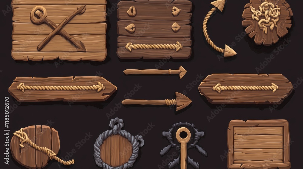 Poster wooden game buttons, menu interface made of wood textured boards with ropes and vines. ui or gui gra
