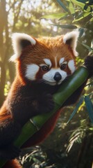 A cute red panda clinging to a bamboo stalk in a lush forest setting.