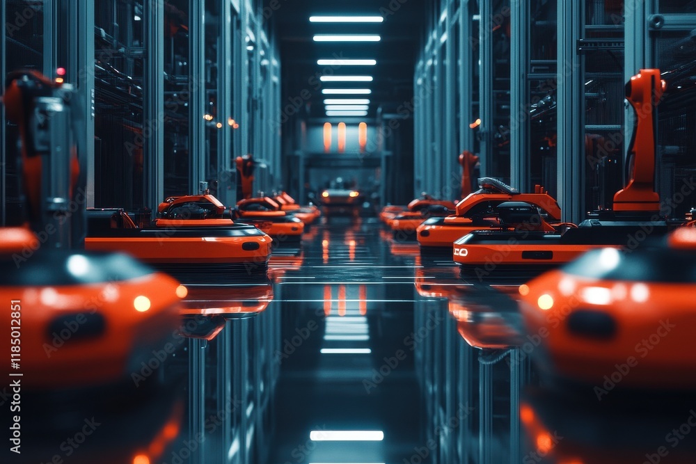 Poster an advanced warehouse with orange robotic vehicles navigating in unison, creating a futuristic atmos