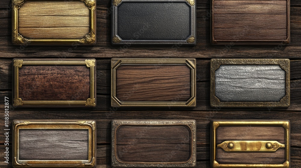 Poster wooden buttons with gold and silver frames for game ui design. vector cartoon set of blank rectangle