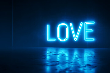 Bold "LOVE" text illuminated as if emerging from a dark blue background, creating a modern and impactful visual perfect for technology, power, or minimalistic design themes

