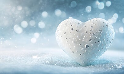 Fototapeta premium White heart covered in water droplets on snowy surface.