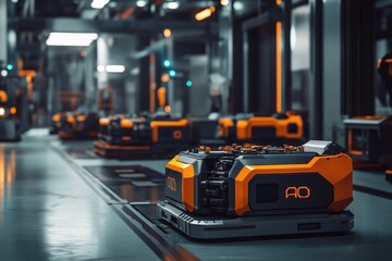 Fototapeta premium Futuristic industrial scene with robotic containers in an orange and gray warehouse setting.