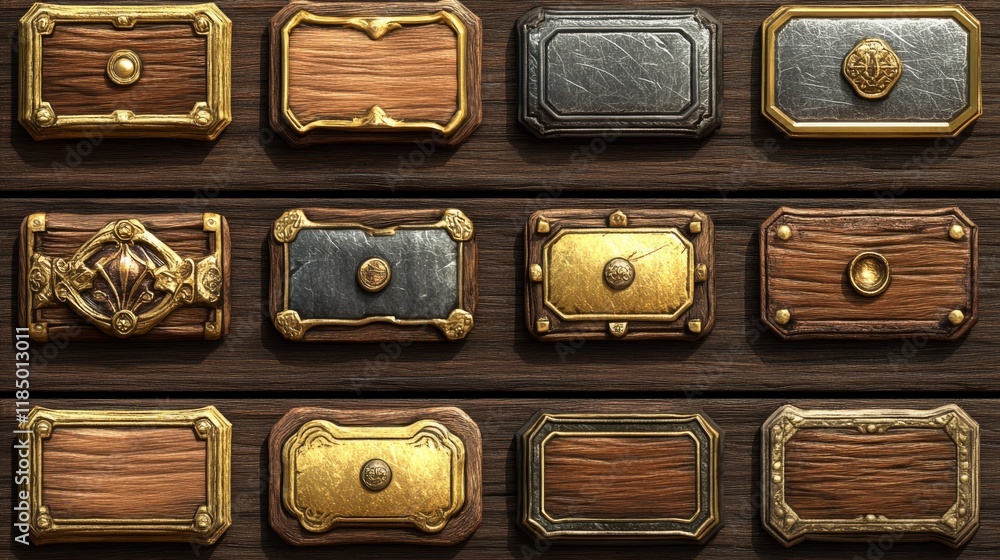 Poster wooden buttons with gold and silver frames for game ui design. vector cartoon set of blank rectangle