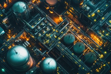 Aerial view of an industrial complex at night, showcasing complex machinery and illuminated pipes.