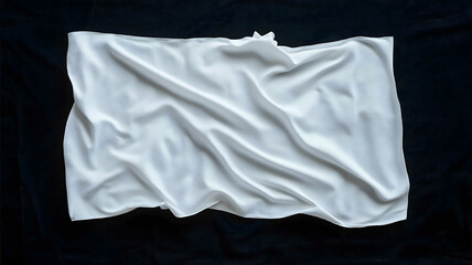 floating pure white rectangular shaped fabric with small folds top view black clean background without shadow