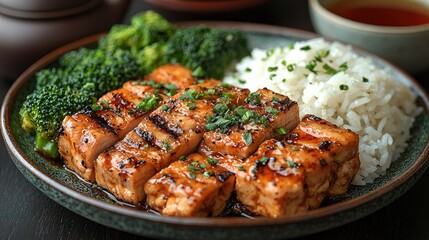 Fototapeta premium Grilled Tofu with Rice and Broccoli Dish