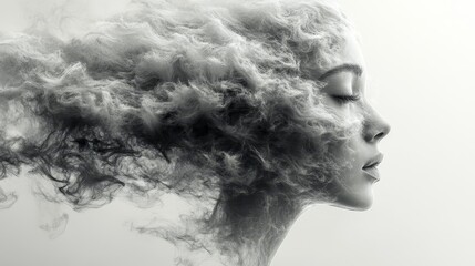 A woman's face is blurred and distorted, giving the impression of smoke or fog