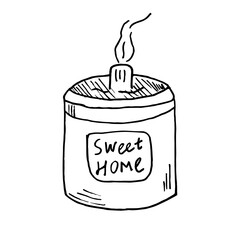 Scented candle in a jar with a label, hand-drawn vector illustration in doodle style. A linear drawing of a candle with the inscription Sweet Home.