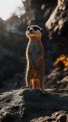 A curious meerkat stands upright on a rocky surface, showcasing its alert posture against a sunny backdrop.