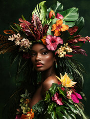 Naklejka premium Portrait of a model with a tropical couture headpiece featuring vibrant flowers, lush greenery, and feathers, paired with a bold necklace, creating an exotic and captivating composition.