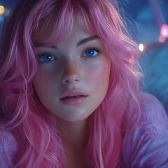 Naklejka premium Young woman with pink hair looking surprised in a cozy room