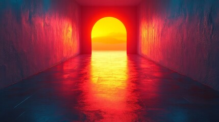 A tunnel with a red light shining through it