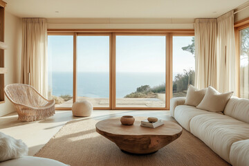 Fototapeta premium Coastal Chic - Modern minimalistic outdoor terrace with ocean view and linen curtains - interior design magazine style