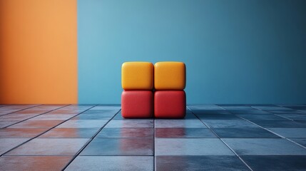 A red and yellow cube is sitting on a gray tile floor