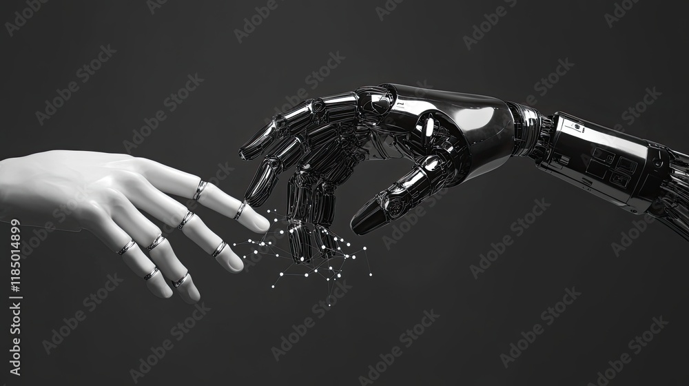 Poster a futuristic environment where human and robot hands meet, underscoring ai integration