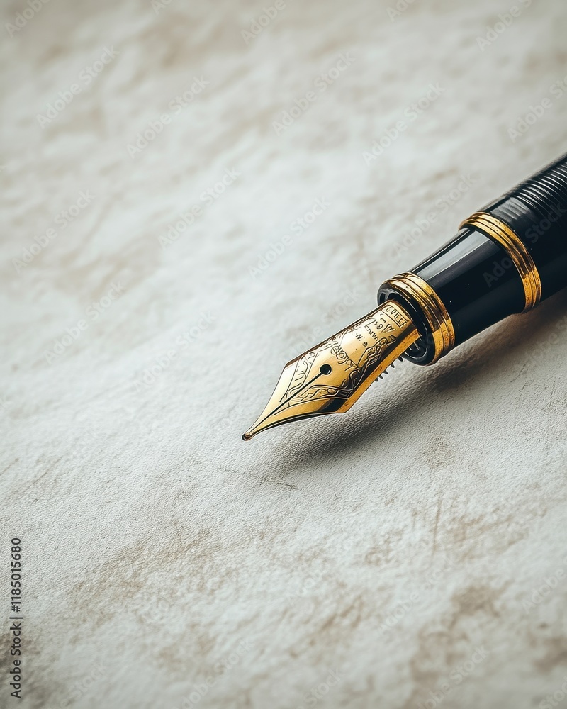 Poster a close-up of a luxurious fountain pen with a golden nib resting on a textured surface.