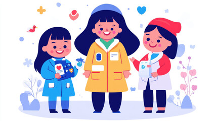 Naklejka premium Three Young Female Doctors or Nurses in Lab Coats, a Cute Illustration