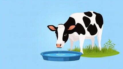 A young cow drinks water from a blue bowl in a grassy field. The cheerful scene is set against a light blue background.