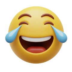 Fototapeta premium A 3D illustration of a yellow emoji face with tears of laughter streaming from its eyes wide open mouth and raised eyebrows isolated on a white background