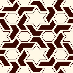 Oriental ancient mosaic seamless pattern. Arabesque ornament. Repeated geometric figures, hexagon, star motif surface print. Ornamental wallpaper. Geo design digital paper. Vector abstract background