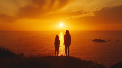 A mother and child silhouette standing on a cliff at sunset, overlooking the ocean with vibrant orange and yellow hues in the sky