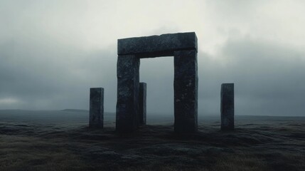 Ancient stone gateway in a misty landscape.