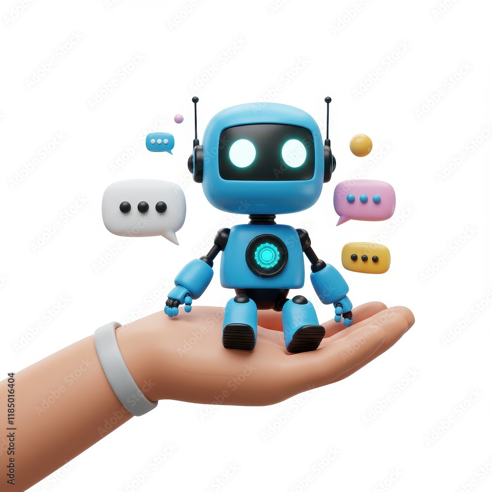 Poster a 3d illustration of a cute blue robot with glowing eyes sitting on an open hand with speech bubbles