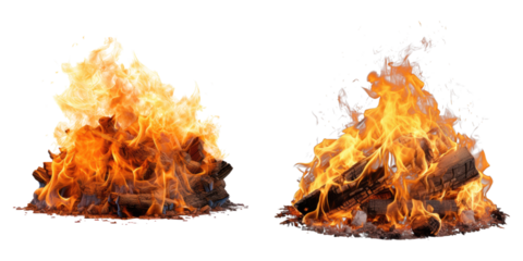 Flames burning inside fire pit isolated on transparent background, Set of