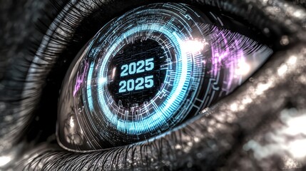 A futuristic eye displaying the year 2025, surrounded by digital elements and circuitry.