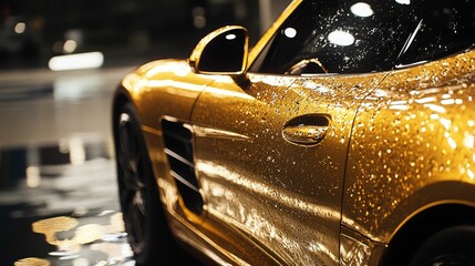 Gold sports car, wet, gleaming, night setting.