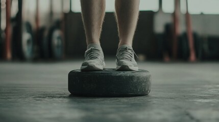 Close-up of person's feet in gym shoes standing on a weight plate.